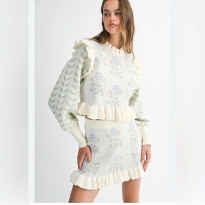 Floral Ruffle Knit Sweater in Cream